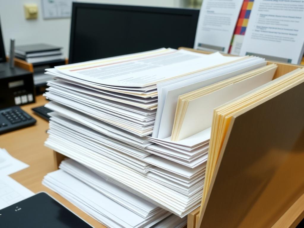 The documents are arranged in folders on the office desk.фото